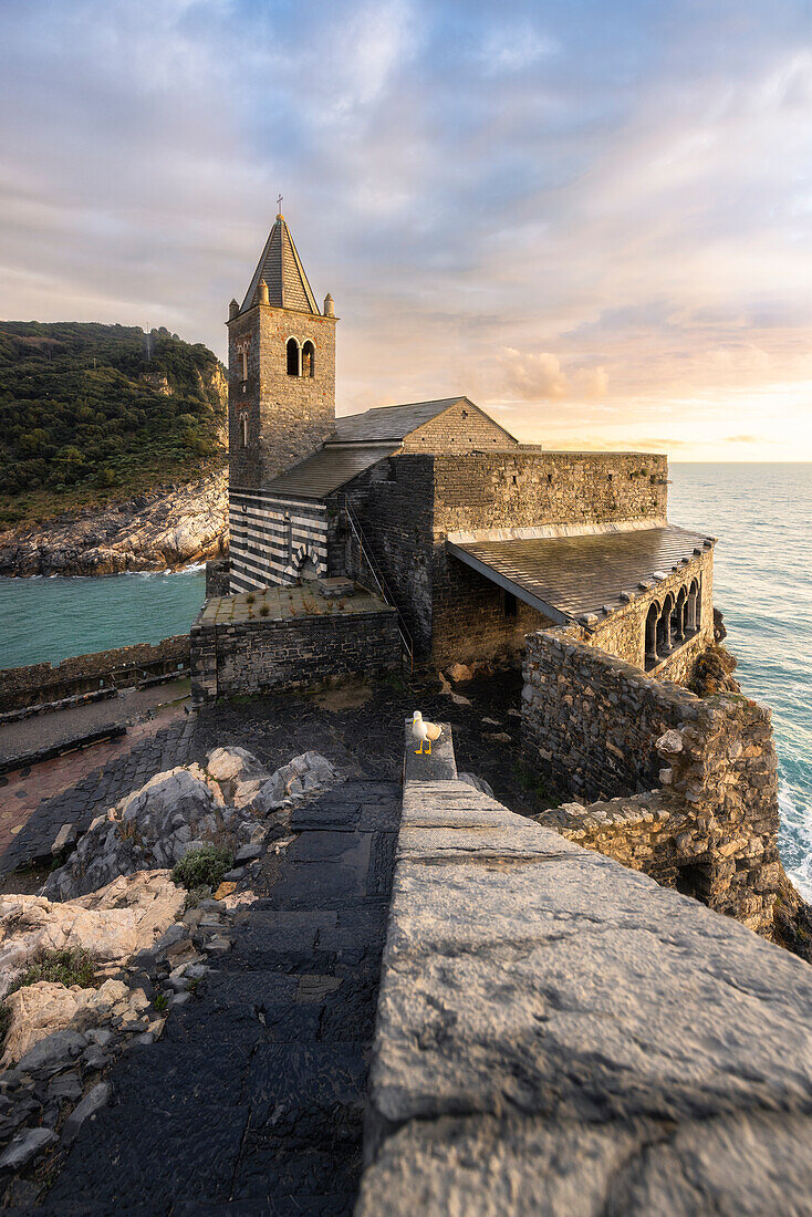 Sunset on the San Pietro Church, municipality of Portovenere, La Spezia province, Liguria, Italy, Europe