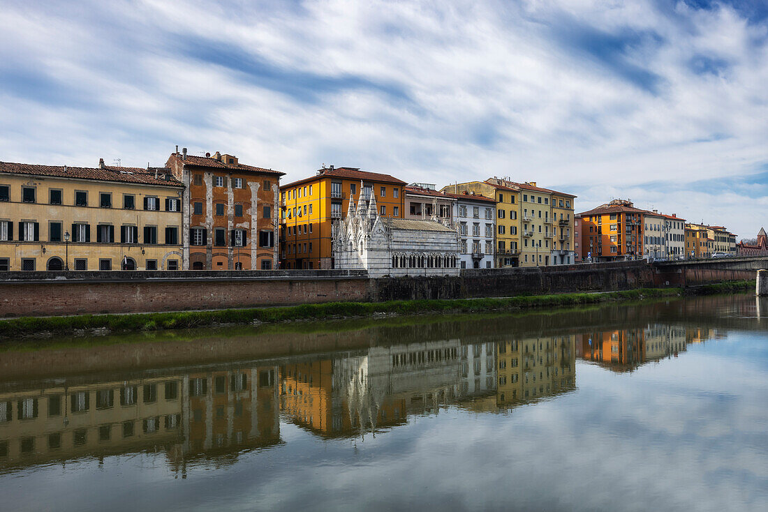 Reflections on the Lungarno and on the Church of Santa Maria della Spina, Arno river, Pisa, Tuscany, Italy, Europe