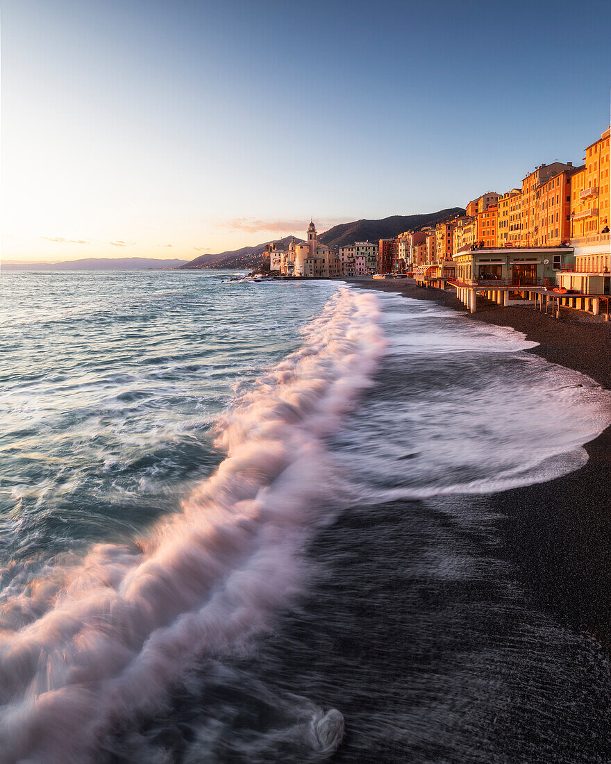 Storm at sunset on the beach of Camogli, municipality of Camogli, Genoa province, Liguria, Italy, Europe