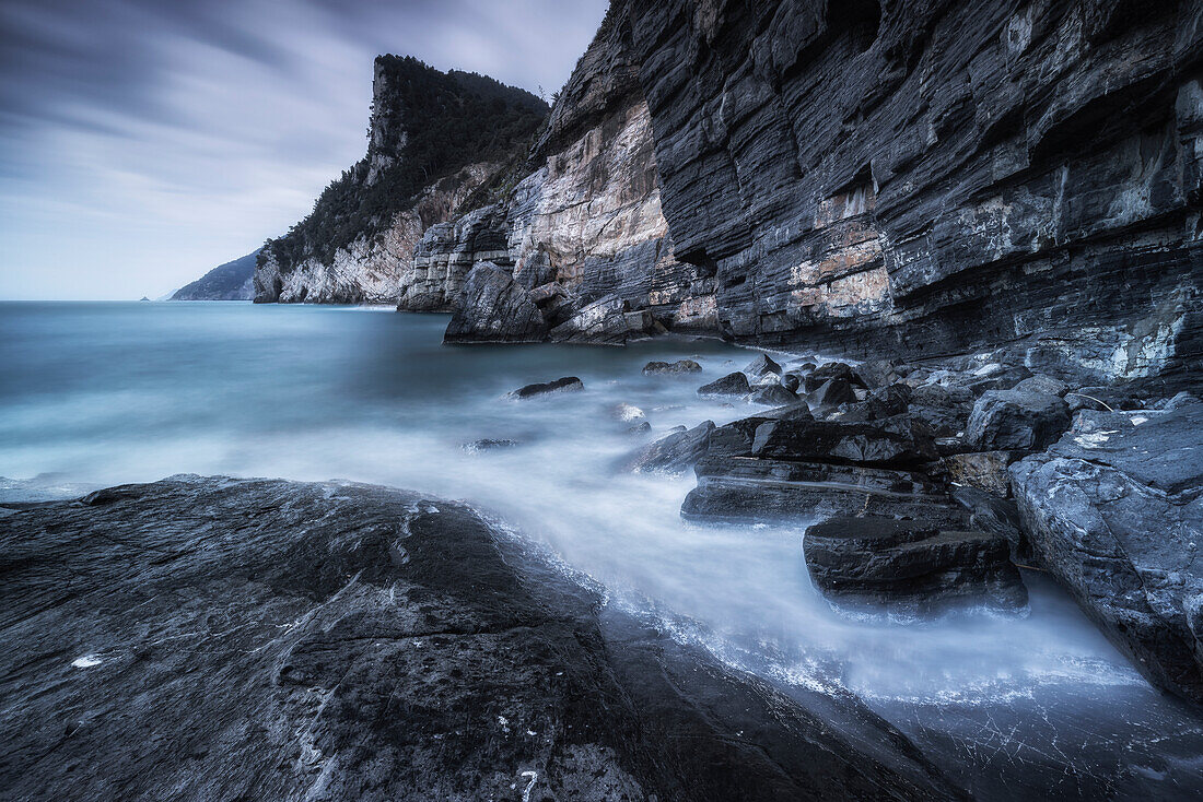 Cold sea on the cliffs of Byron Cave, municipality of Portovenere, La Spezia province, Liguria, Italy, Europe