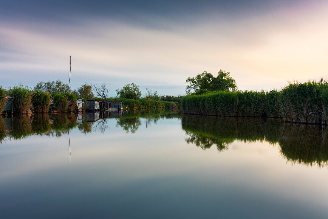 Long exposure on Lake Massaciuccoli, entrance to Oasi Lipu, Massarosa, province of Lucca, Tuscany, Italy, Europe