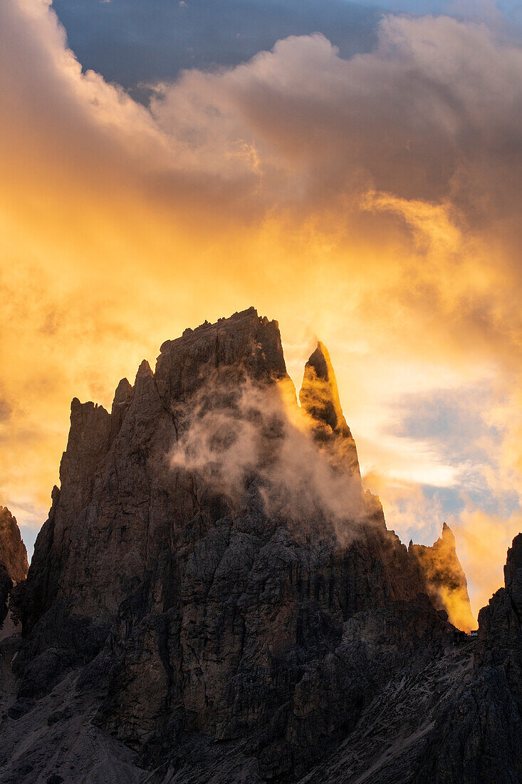 Five Finger peak in Sassolungo group at sunset from Sella pass, Fassa Valley, Trentino Alto Adige, Dolomites, Italy.