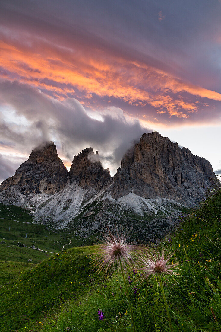 Langkofel Sassolungo group at sunset from Sella pass, Fassa Valley, Trentino Alto Adige, Dolomites, Italy.