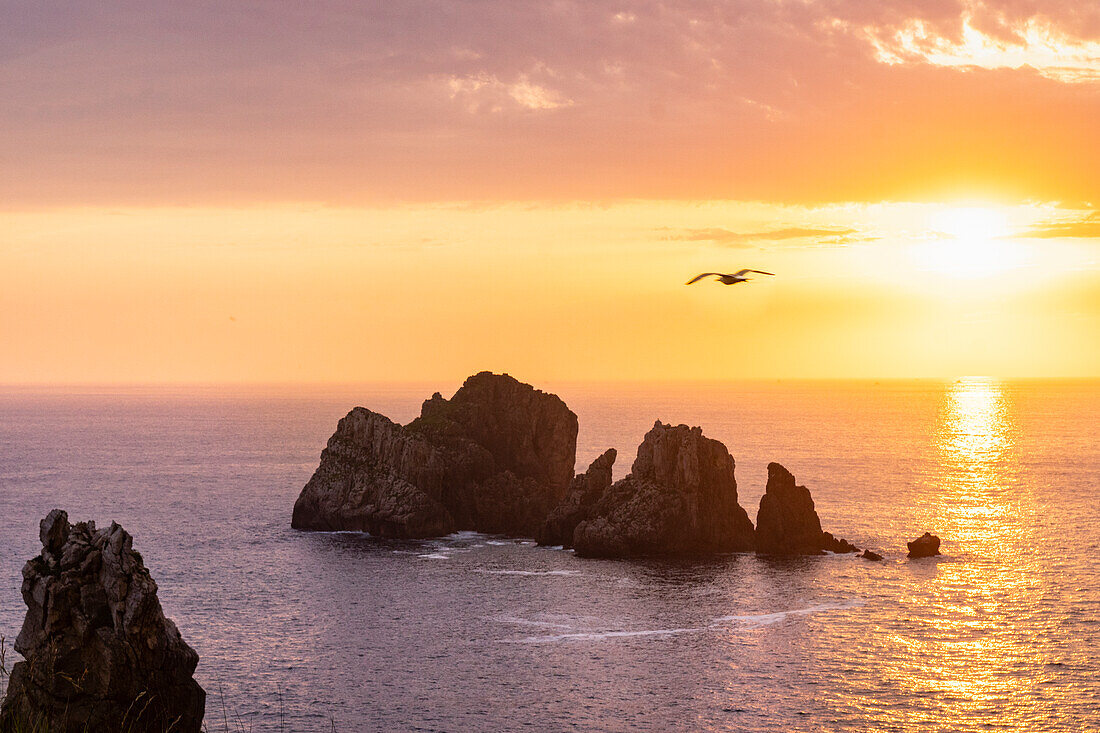 Meereslandschaft von Urro major und Urro Minor bei Sonnenuntergang im kantabrischen Meer der Costa Quebrada. Playa del Portio, Liencres, Kantabrien, Spanien, Europa.