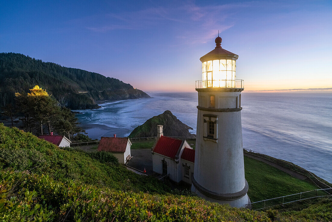 Heceta Head Lighthouse at dusk. Florence, Lane county, Oregon, USA.