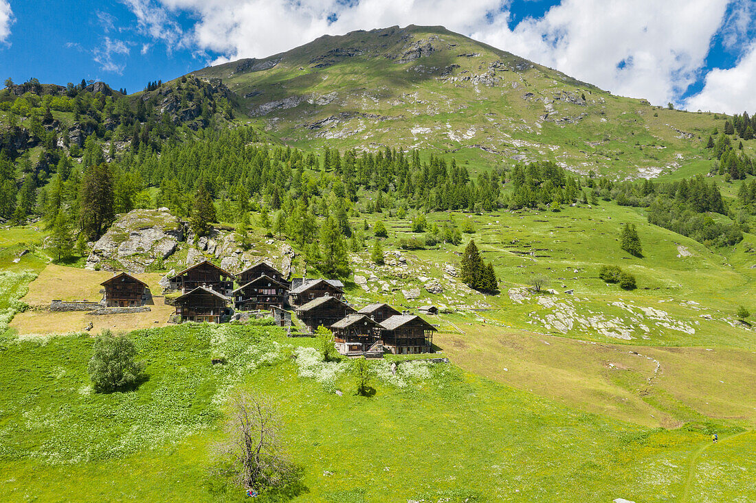 Aerial view of Alpe Otro, Dorf hamlet (Alagna, Valsesia, Vercelli province, Piedmont, Italy, Europe)