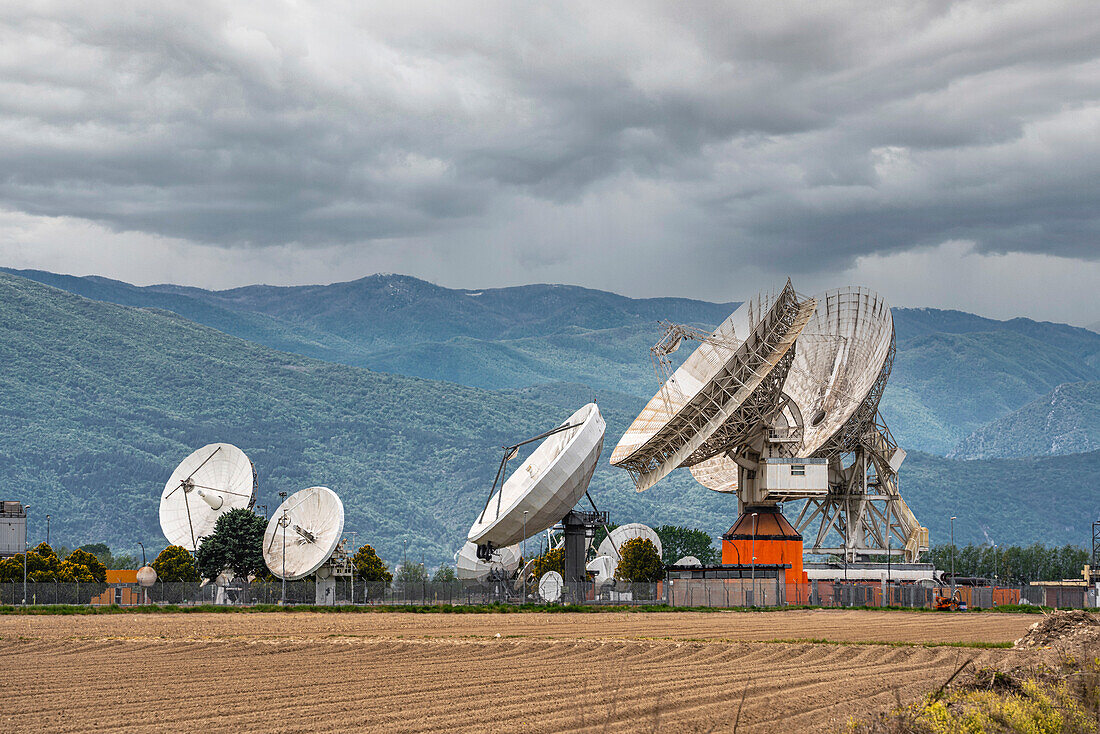 Telespazio space center in Fucino. Satellite dish for the in-orbit satellites and telecommunications services. Abruzzo, Italy