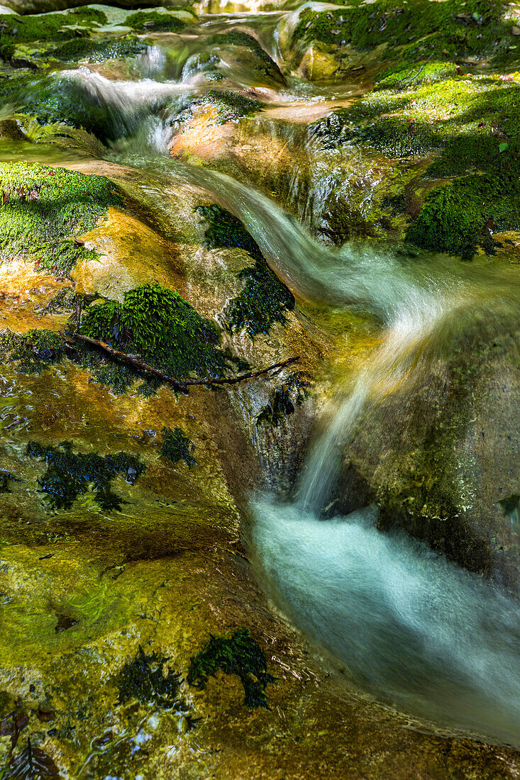 Kleiner Wasserfall zwischen moosbewachsenen Felsen. Abruzzen, Italien, Europa