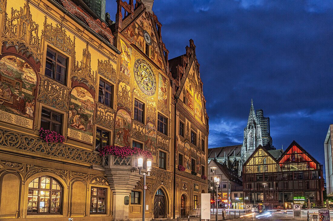 Ancient palace, now the town hall, from the Renaissance period, known for its frescoed exterior and the astronomical clock. Ulm, Tübingen, Donau-Iller region, Germany, Europe