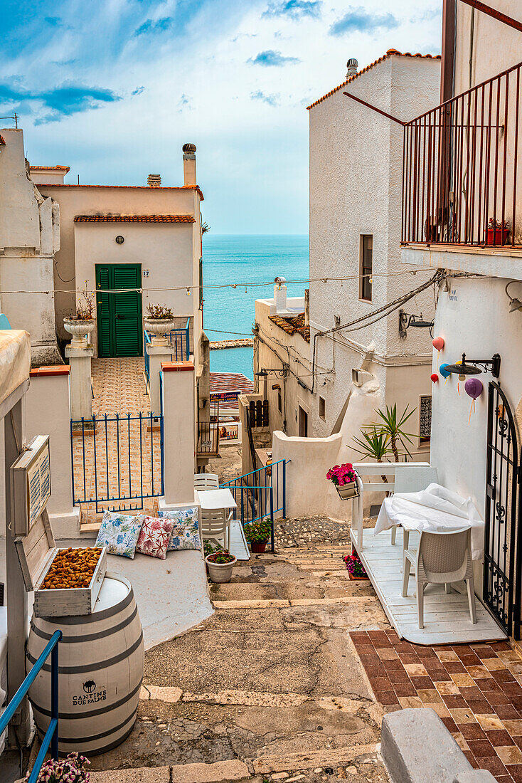Characteristic stepped alley of the seaside town of Peschici with green colored doors and gates. Peschici, Foggia province, Puglia, Italy, Europe