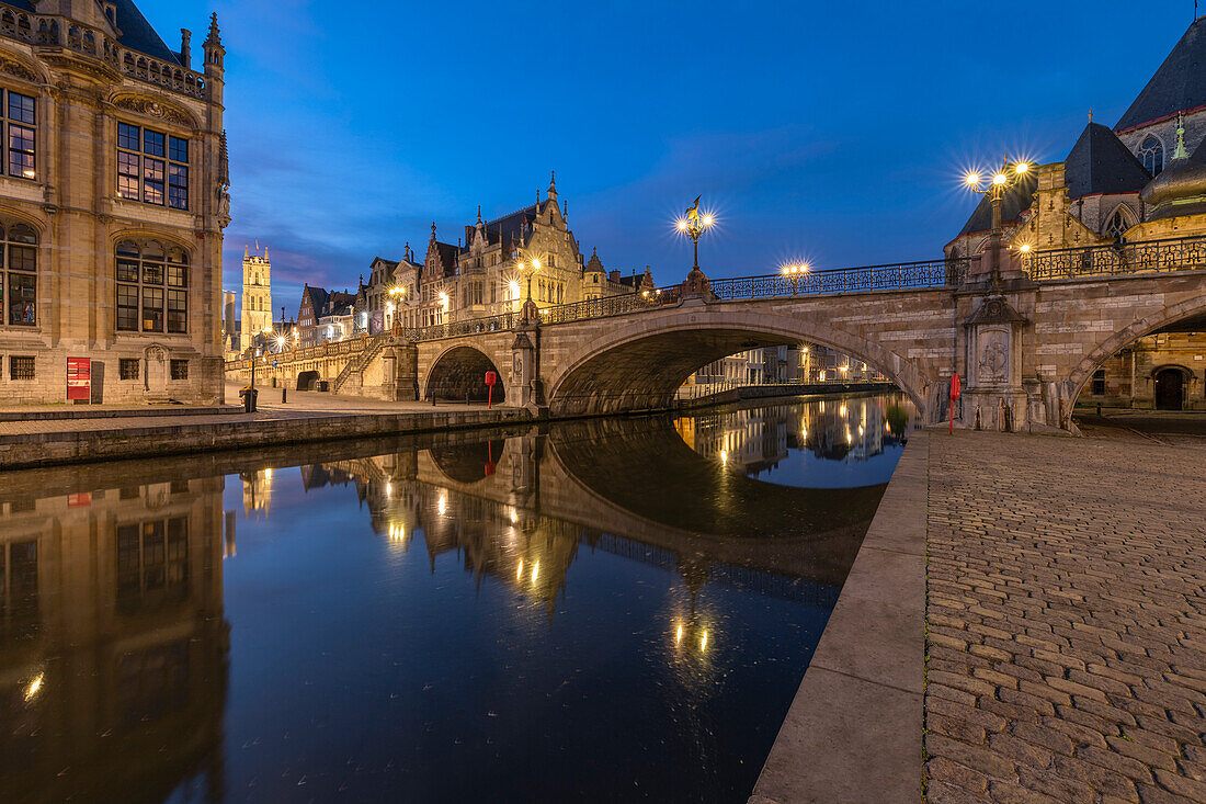 Graslei and the St Michael's Bridge (Ghent, East Flanders, Flemish Region, Belgium, Europe)