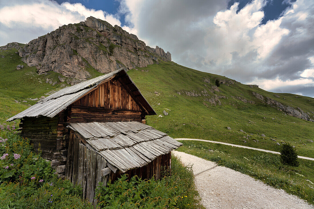 Italy, Dolomites, Alto Adige, South Tyrol, Odle mountain range, Mountain hut and Sass de Putia in Summer