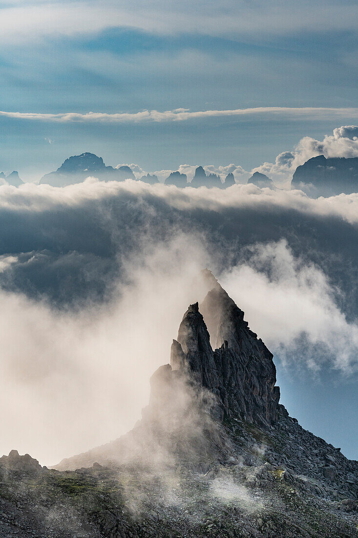 Brenta Dolomites reflected in the Lago Nero at sunset. Nambrone valley, Madonna di Campiglio, Trentino Alto Adige, Italy, Europe.