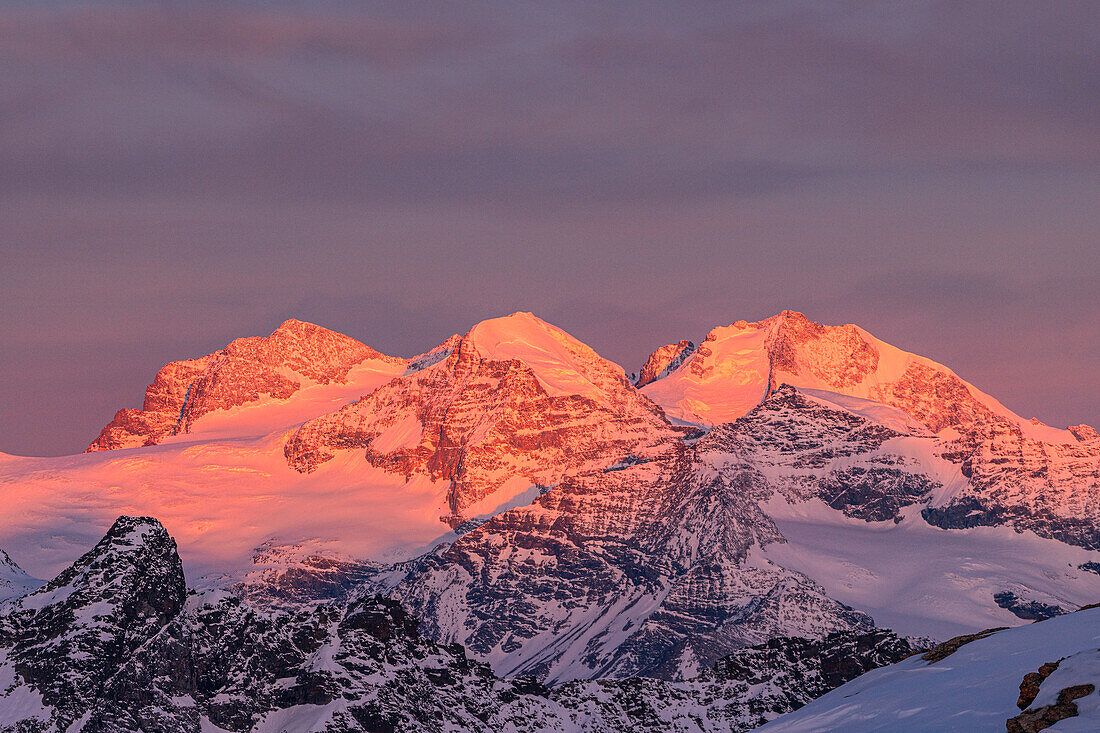 Piz Bernina Gruppe bei Sonnenaufgang mit rotem Licht im Winter von den Valtellina Bergen. Berninagruppe, Schweiz, Alpen, Europa.