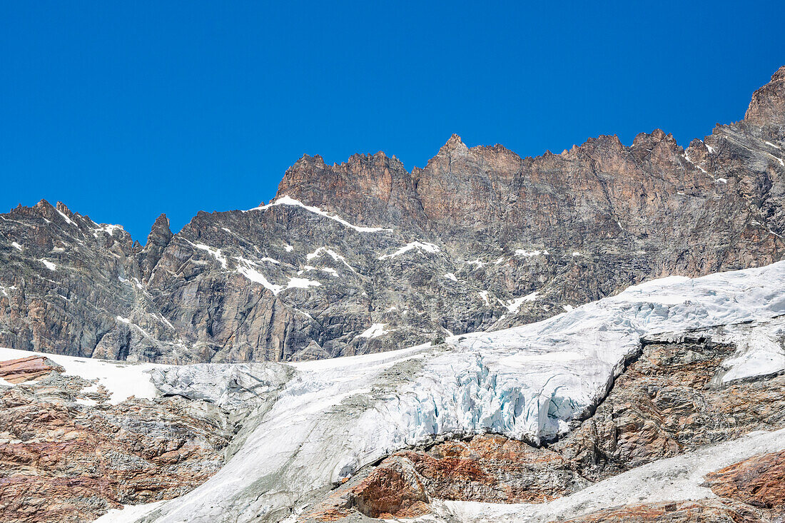 The peaks and the serac of high valpelline valley from Aosta refuge. Valpelline valley, Bionaz, Aosta Valley, Alps, Italy, Europe.