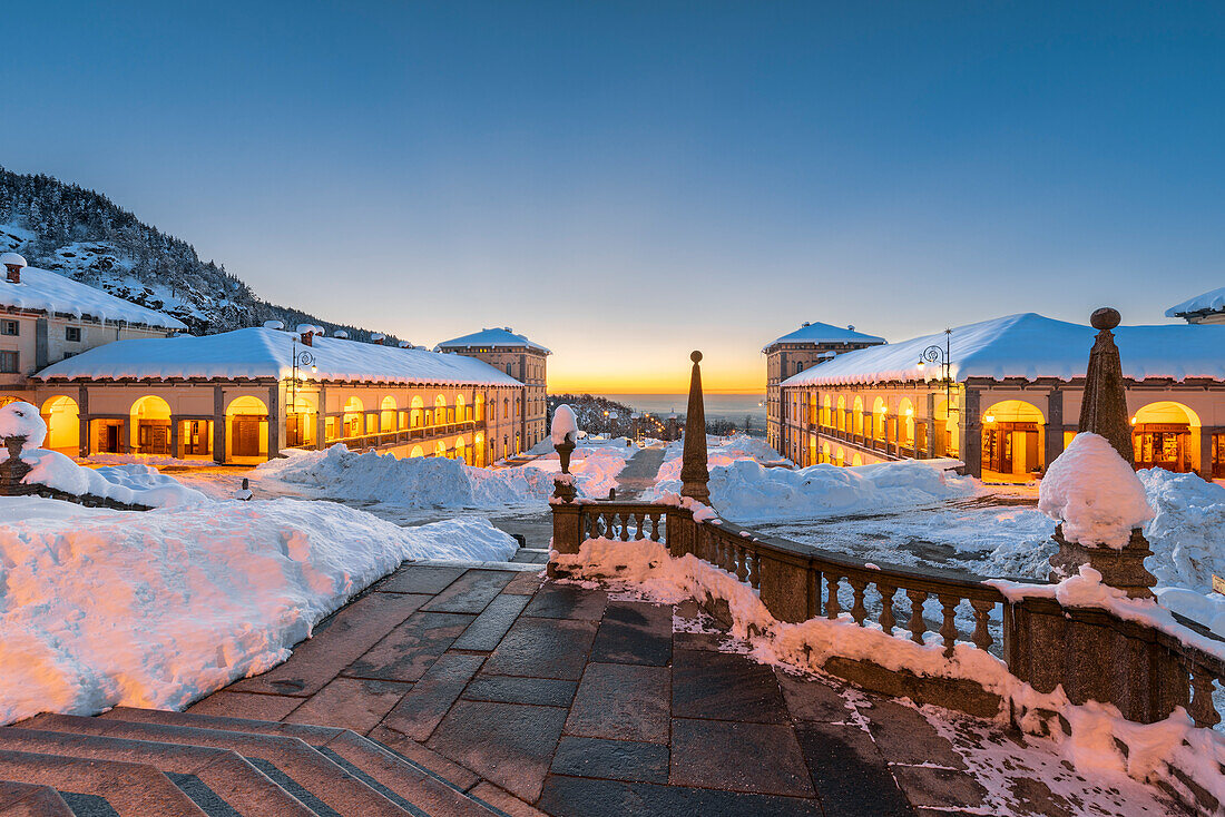 Inside the Marian Sanctuary of Oropa after an heavy snowfall at morning twilight (Biella, Biella province, Piedmont, Italy, Europe)