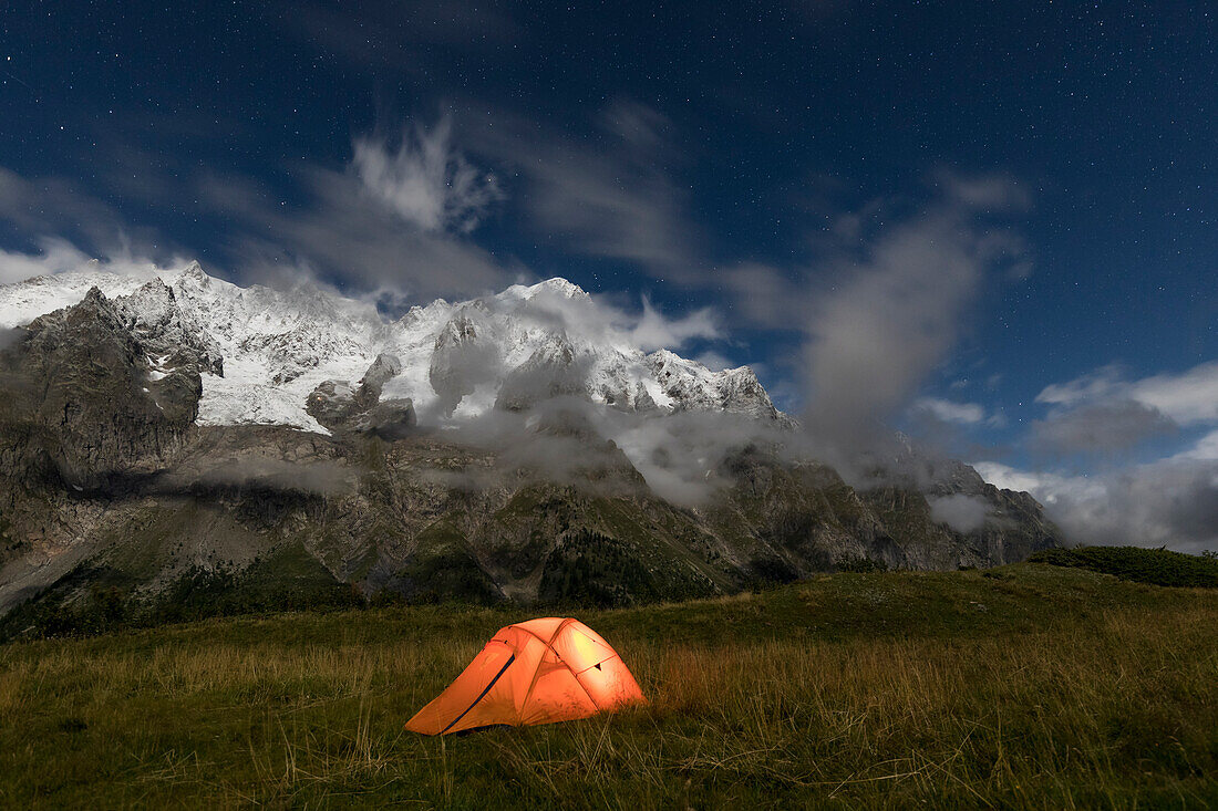 The Grandes Jorasses during a full moon night (Alp Lechey, Ferret Valley, Courmayeur, Aosta province, Aosta Valley, Italy, Europe)