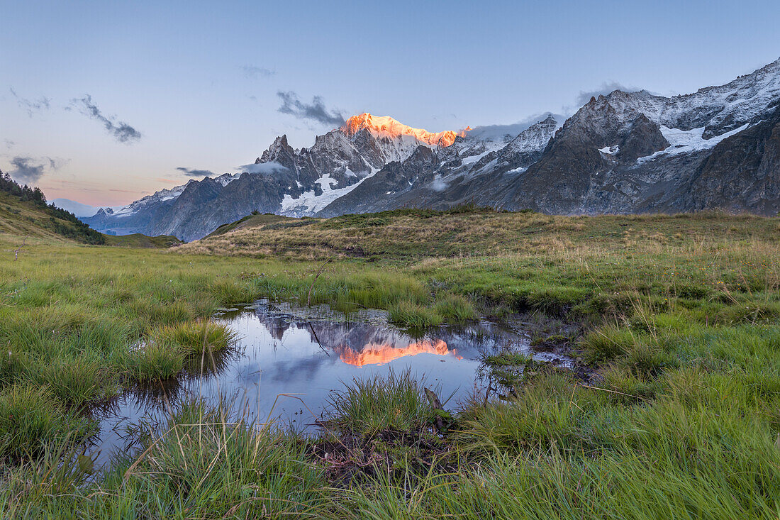 The Mont Blanc at sunrise (Alp Lechey, Ferret Valley, Courmayeur, Aosta province, Aosta Valley, Italy, Europe)