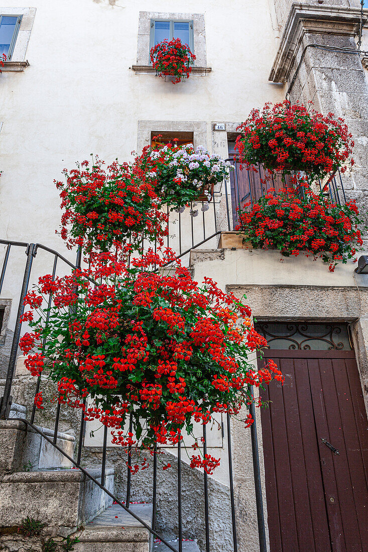 Geranienblüten schmücken eine Freitreppe in einer Bergstadt in den Abruzzen. Pescocostanzo, Provinz l'Aquila, Abruzzen, Italien, Europa