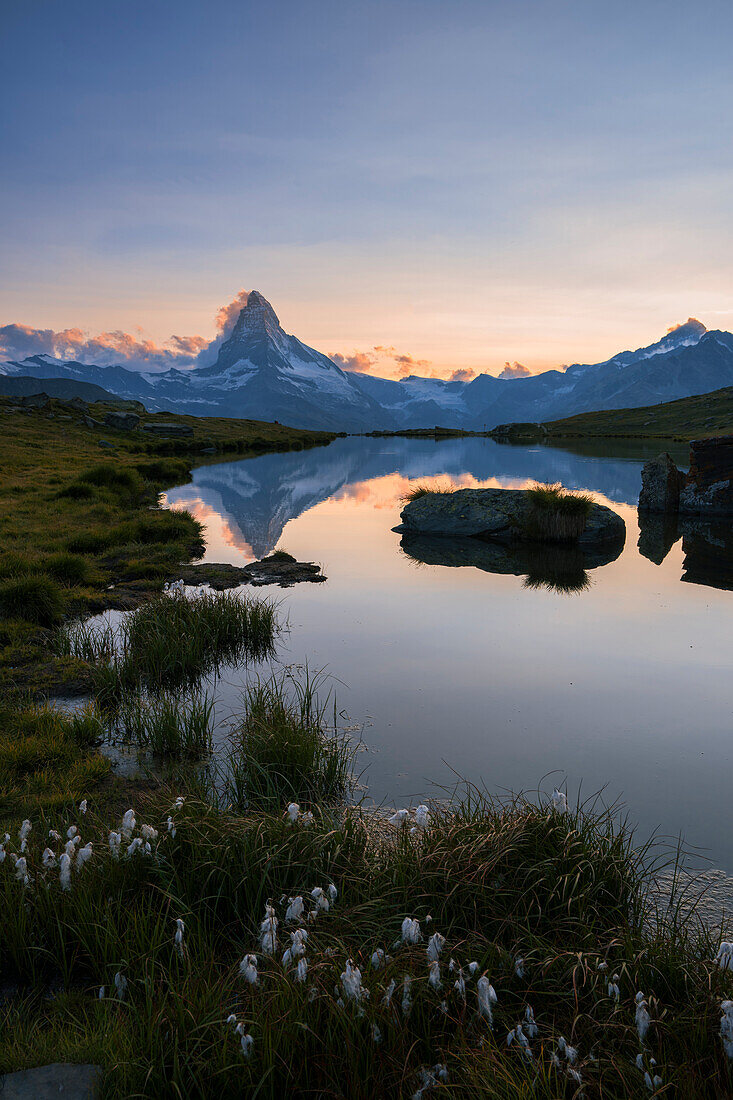 Switzerland, Zermatt, Matterhorn and lake Stellisee and sunset