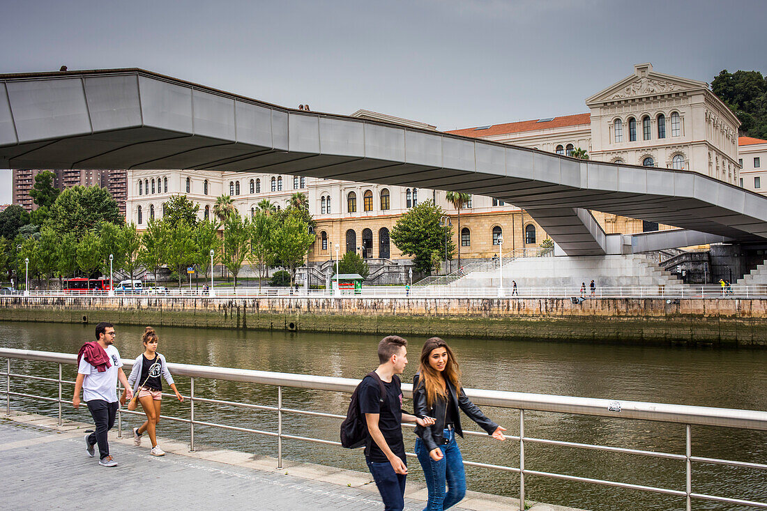 Pedro Arrupe Bridge and in background Deusto University, Ría del Nervión, Bilbao, Basque Country, Spain