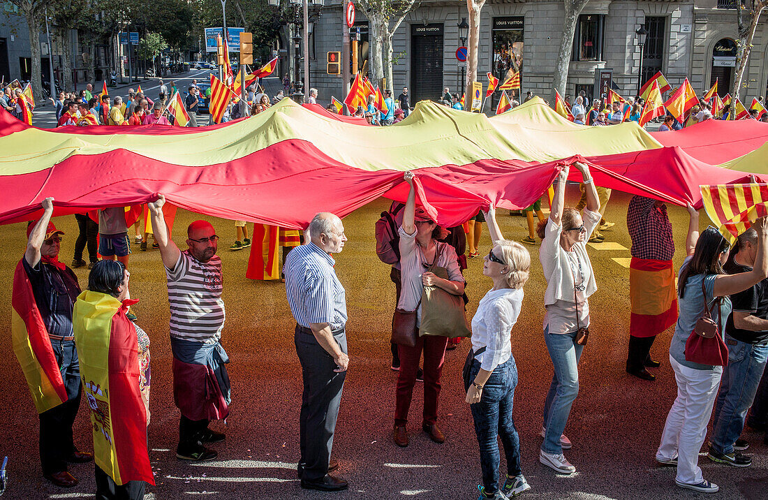 Katalanische Unabhängigkeitsgegner tragen die spanische Flagge während einer Demonstration für die Einheit Spaniens anlässlich des spanischen Nationalfeiertags am Passeig de Gracia, Barcelona, 12. Oktober 2014, Spanien