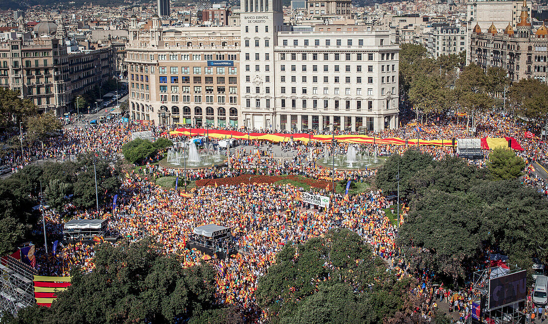 Katalanische Unabhängigkeitsgegner protestieren während einer Demonstration für die Einheit Spaniens anlässlich des spanischen Nationalfeiertags auf dem Catalunya-Platz in Barcelona am 12. Oktober 2014