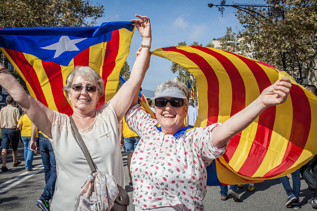 Political demonstration for the independence of Catalonia. Passeig de Gracia.October 19, 2014. Barcelona. Catalonia. Spain.