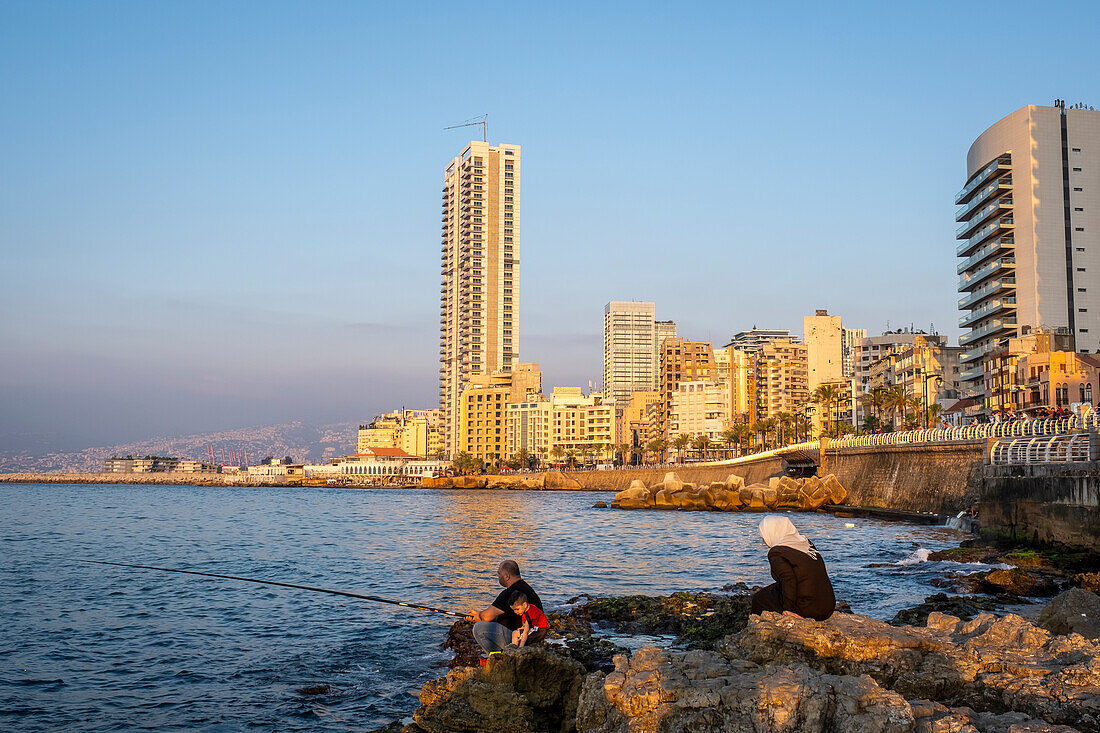 family, fisherman, Corniche, Beirut, Lebanon