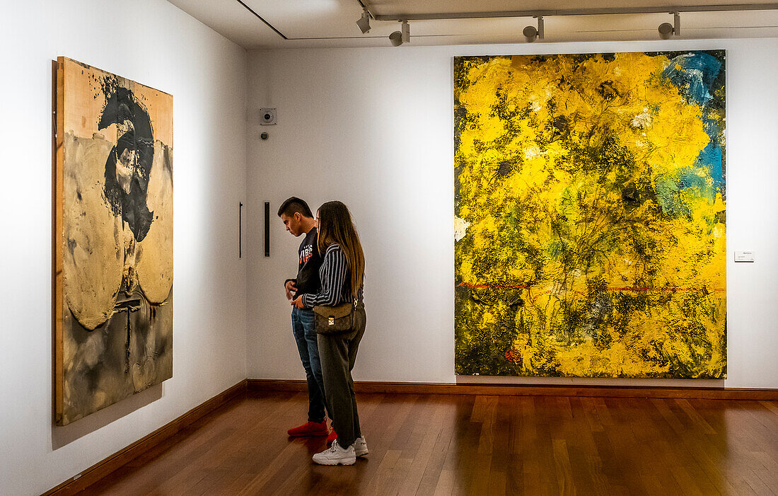 Visitors. At left `Principio´by Antoni Tapies´. At right `Ramo inclinado´by Miquel Barceló. Botero Museum, Bogota, Colombia