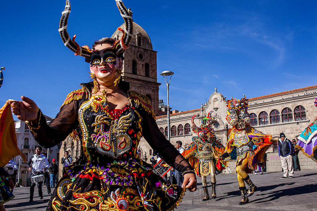 Fiesta del Gran Poder, Plaza San Francisco, in background San Francisco church, La Paz, Bolivia