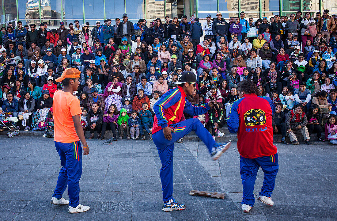 Street artists, comedians in Plaza San Francisco, La Paz, Bolivia