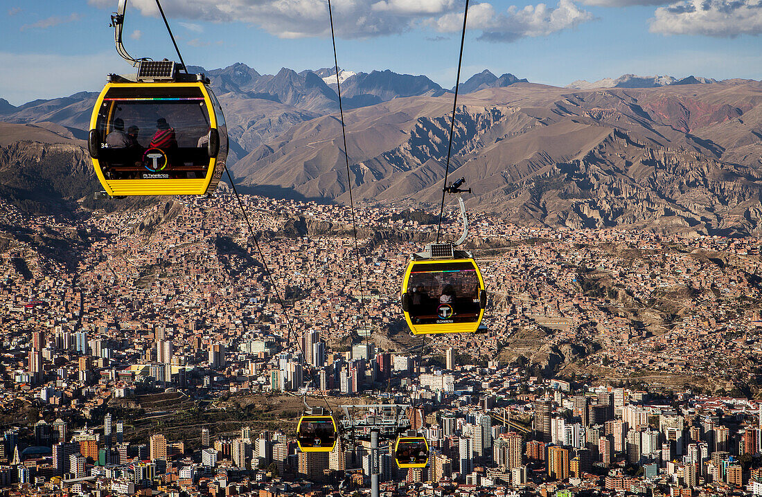 Panoramic view of the city, in background Los Andes mountains, cable car to El Alto, La Paz, Bolivia