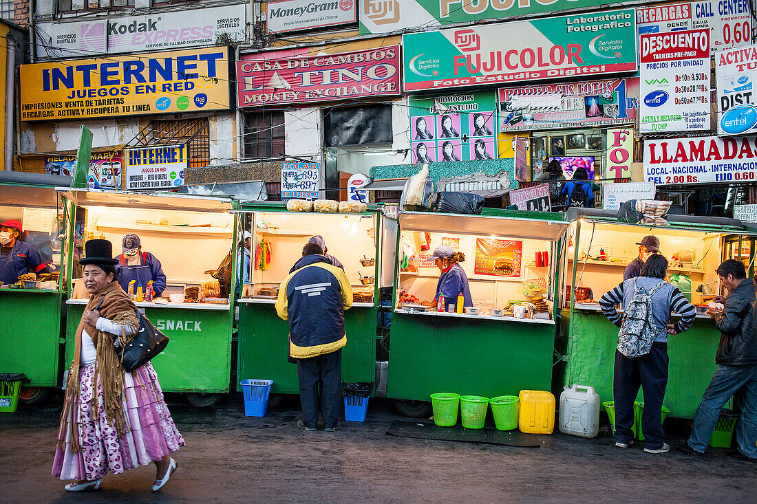 Street food stalls, in Avenida Mariscal Santa Cruz, La Paz, Bolivia