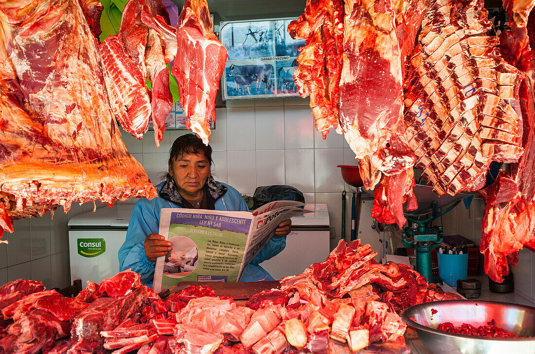 Woman reading, Butcher shop, Market of Potosi, in calle Bolivar at calle Bustillos, Potosi, Bolivia