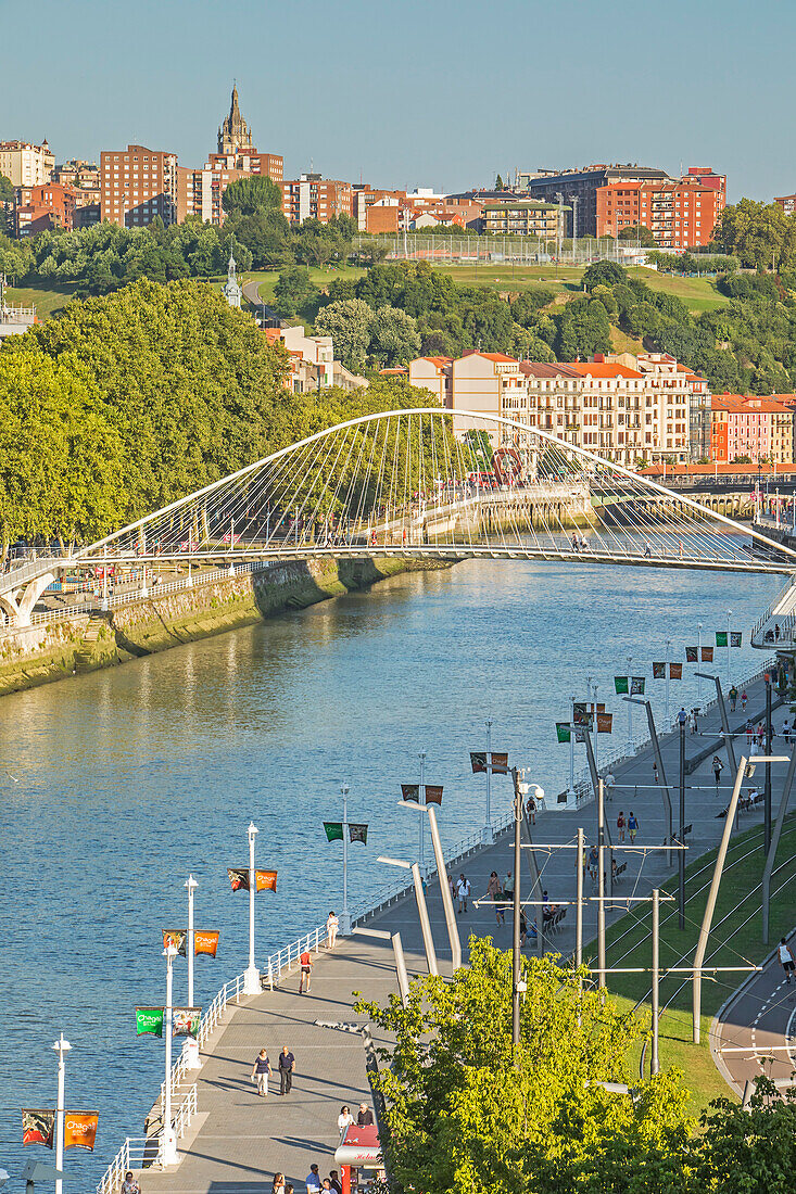 Ría del Nervion and Zubizuri bridge by Santiago Calatrava, Bilbao, Biscay, Basque Country, Spain