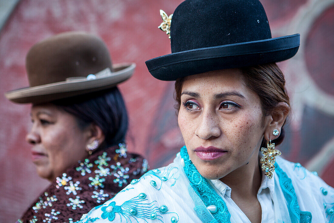 At right Benita la Intocable , at left Angela la Folclorista, cholitas females wrestlers, El Alto, La Paz, Bolivia