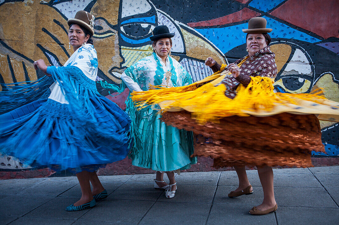 At left Dina , in the middle Benita la Intocable, at right Angela la Folclorista, cholitas females wrestlers, El Alto, La Paz, Bolivia