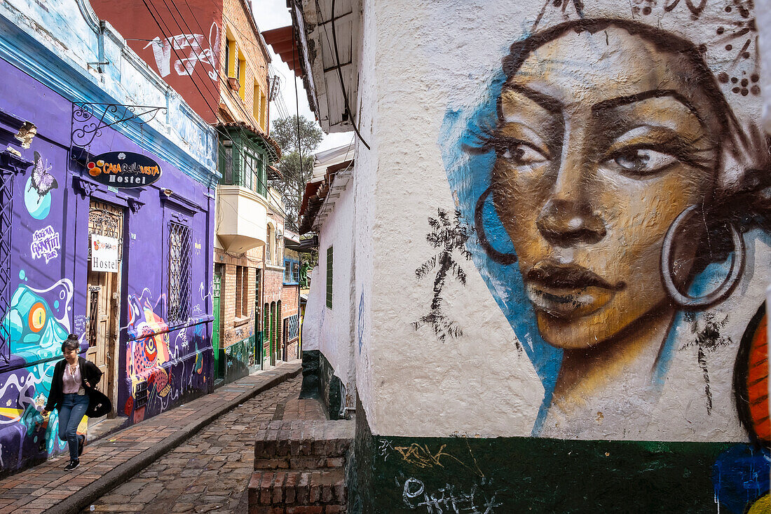 Straßenkunst, Wandmalerei, in der Straße "El Embudo" oder Carrera 2, Stadtteil Candelaria, Bogotá, Kolumbien