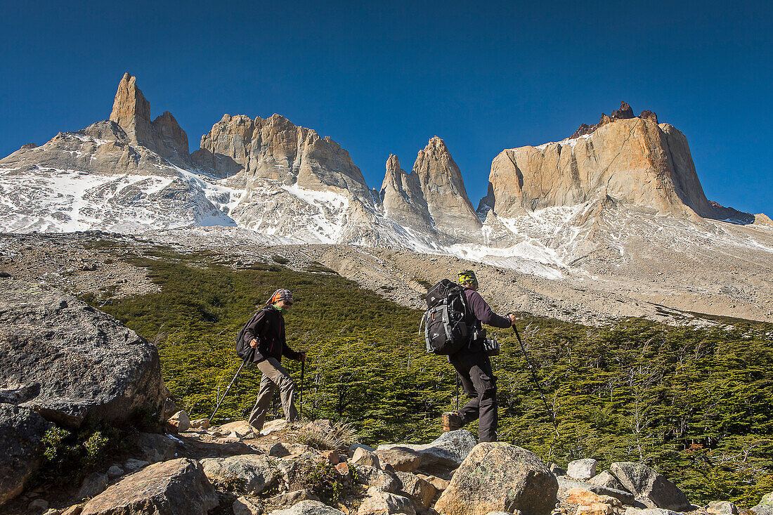 Wanderer im Mirador Británico, Valle del Francés, Torres del Paine Nationalpark, Patagonien, Chile