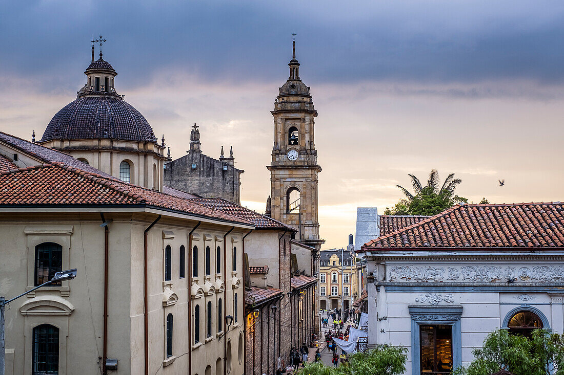 Calle 11 or 11 Street, in background Catedral Primada or cathedral, skyline, historic center, old town, Bogota, Colombia