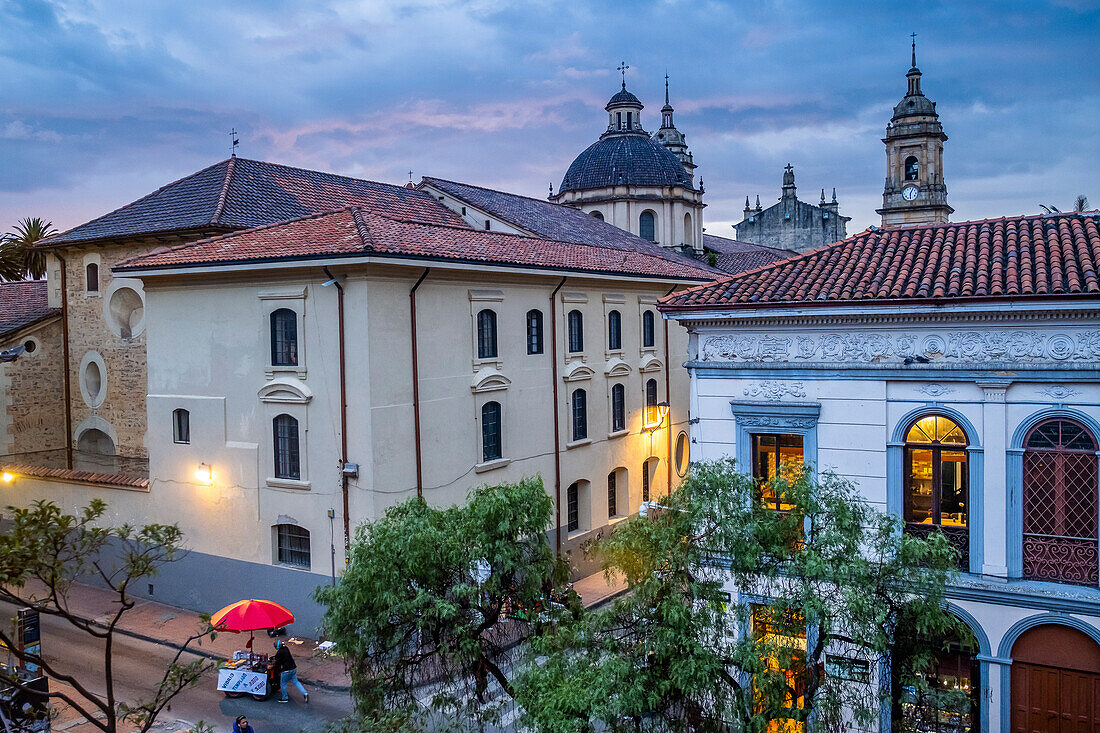 Calle 11 or 11 Street, in background Catedral Primada or cathedral, skyline, historic center, old town, Bogota, Colombia