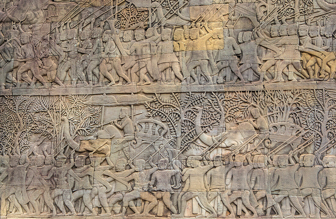 Representation, Ramayana epic, Bas-relief carvings, in Bayon temple, Angkor Thom, Angkor, Siem Reap, Cambodia