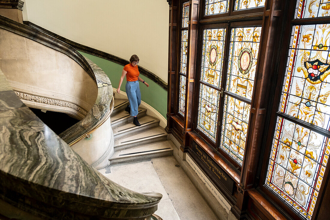 Stairs that connect the first floor with the second, National Library of Ireland. The building was designed by Thomas Newenham Deane, Dublin, Ireland