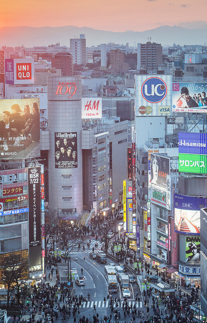 Shibuya skyline and scramble Kousaten crossing in Hachiko square. Tokyo city, Japan