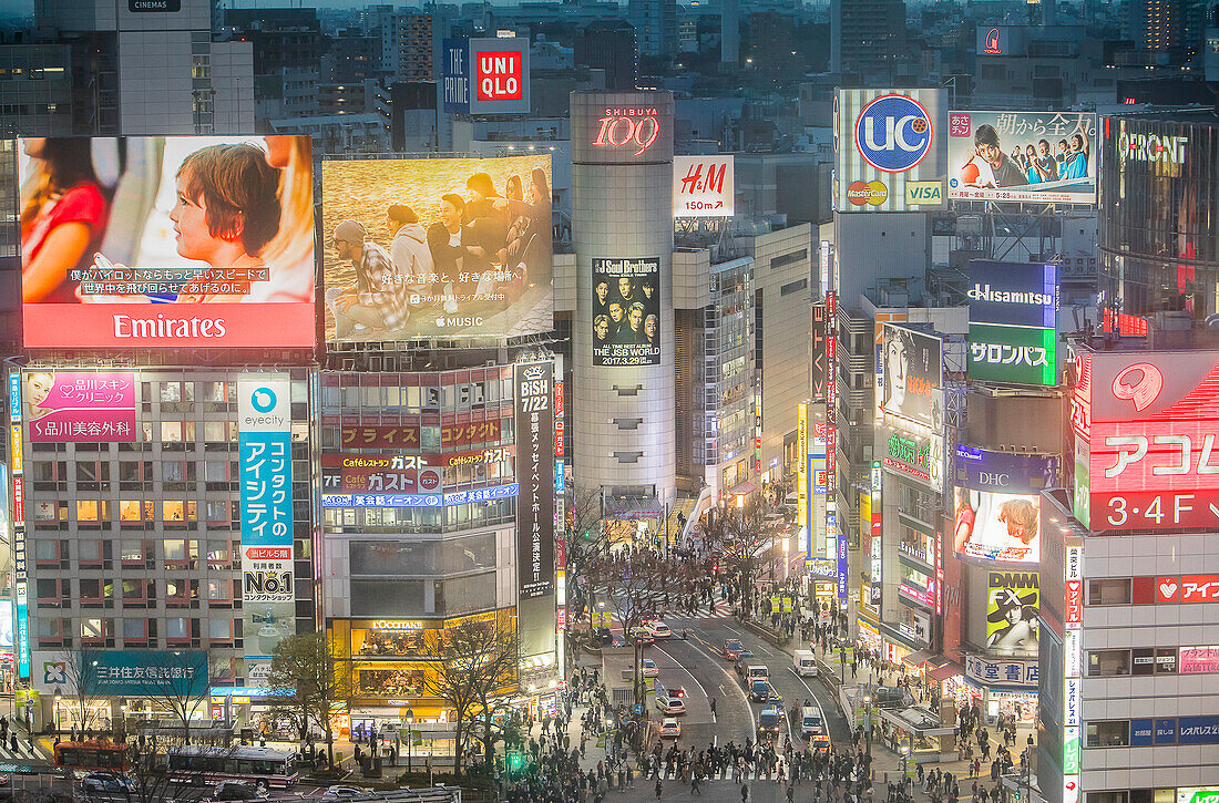 Shibuya skyline and scramble Kousaten crossing in Hachiko square. Tokyo city, Japan