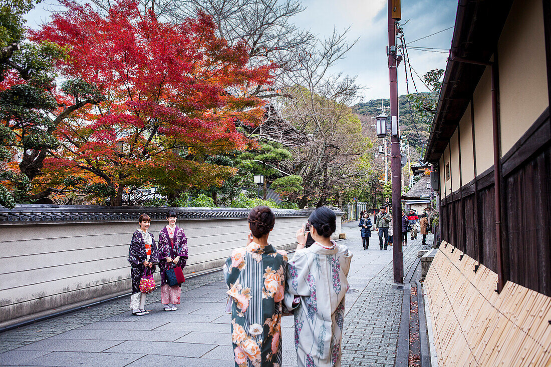 women dressed in kimono, street scene, Gion district, Kyoto, Japan.