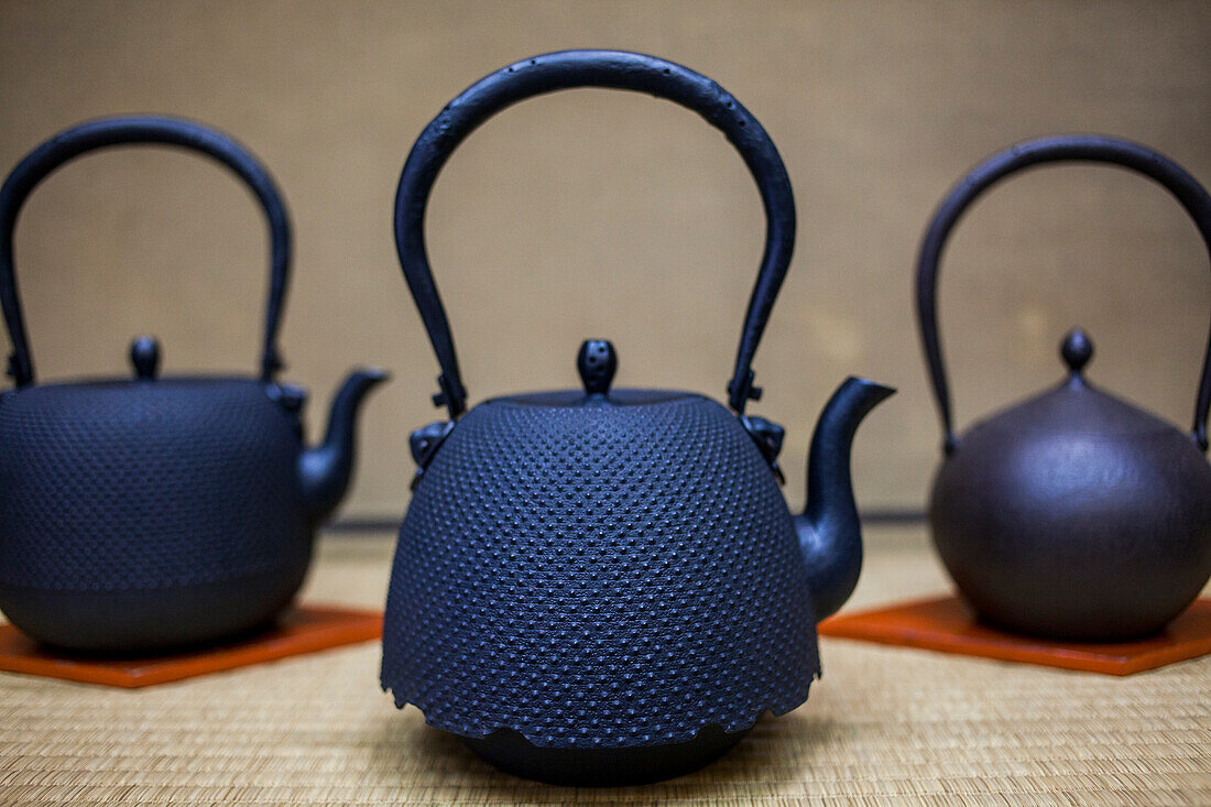 Exhibition of iron teapots or tetsubin, nanbu tekki, in Workshop of Morihisha Suzuki,craftsmen since 1625, Morioka, Iwate Prefecture, Japan