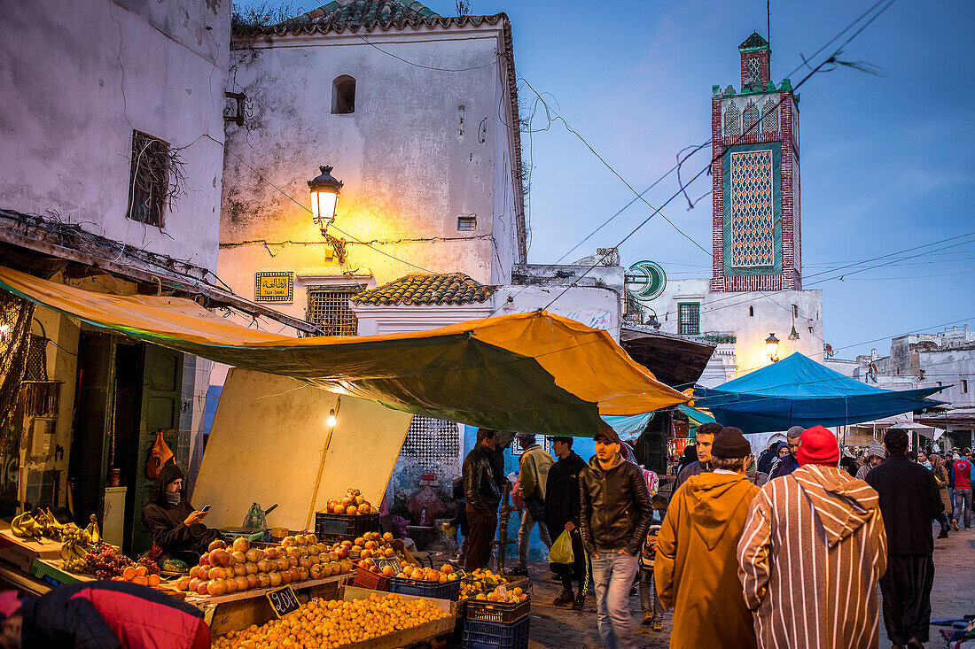 Ayuon street, in background Sidi Haj Ali Baraka Zaouia, medina, UNESCO World Heritage Site,Tetouan, Morocco