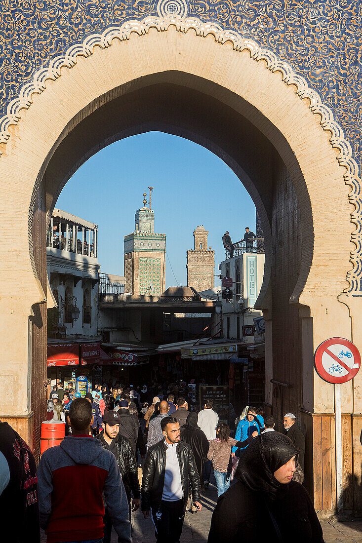 Bab Bou Jeloud gate, in background at right minaret of Sidi Lazaze, at left minaret of Medersa Bou Inania, medina,Fez.Morocco